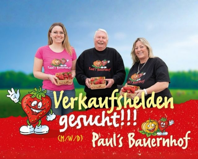 Erdbeersaison 2026 - dein Job im Verkauf! 🍓

Für unseren Verkaufsstand im REWE Center Taunusstein suchen wir bereits ab dem 10. April motivierte Unterstützung.

Du hast Spaß am Umgang mit Menschen, gehst offen auf Kund:innen zu und hast Lust zu verkaufen? Dann bist du bei uns genau richtig!

Alles ist bereits vor Ort vorbereitet - du kannst direkt starten und unsere frischen Erdbeeren verkaufen. 

Ob Student:in, Schüler:in, Rentner:in oder auf Jobsuche - bei uns ist jeder willkommen, der Lust hat, Teil unseres Teams zu werden und unsere Kund:innen mit frischen Erdbeeren glücklich zu machen. ❤️🍓

Klingt nach deinem Sommerjob? ☀️
Dann freuen wir uns auf deine Bewerbung!

👉🏻 Jetzt bewerben: https://www.pauls-bauernhof.de/jobs-verkaeufer/