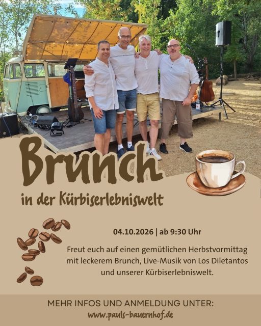 Am 4. Oktober wird’s gemütlich in unserer Kürbiserlebniswelt! 🎃🍂

Freut euch auf einen entspannten Sonntagvormittag mit leckerem Brunch, herbstlicher Atmosphäre und Live-Musik von Los Diletantos. 🎶

Ab 9:30 Uhr könnt ihr ganz in Ruhe ankommen, euch einen schönen Platz suchen und um 10:00 Uhr startet dann unser Brunch. Und keine Sorge: Ihr sitzt gemütlich überdacht. Perfektes Herbstwetter also, ganz egal, was draußen passiert 🤎

Das erwartet euch: 🥐 leckere Brunchboxen ☕ Heißgetränk für Erwachsene inklusive 🍫 Kakao für Kinder inklusive 🎃 Eintritt in die Kürbiserlebniswelt inklusive (Der Eintritt in unsere Kürbiserlebniswelt ist bei allen Preisen bereits enthalten) 🎶 Live-Musik von Los Diletantos

Preise: Erwachsene: 18 € Kinder über 1 m: 12 € Kinder unter 1 m: 7 €
Weitere Getränke und hofeigene Spezialitäten könnt ihr direkt vor Ort erwerben.

📅 4. Oktober 🕤 Einlass ab 9:30 Uhr | Brunch ab 10:00 Uhr

❗️Wichtig: Die Plätze sind nur mit vorheriger Online-Buchung über unsere Homepage reserviert.❗️
Also sichert euch rechtzeitig euren Platz und verbringt mit uns einen gemütlichen Herbstvormittag. 🍂🎃

Wir freuen uns auf euch! 🤎

#brunch #herbst #wiesbaden #kürbis