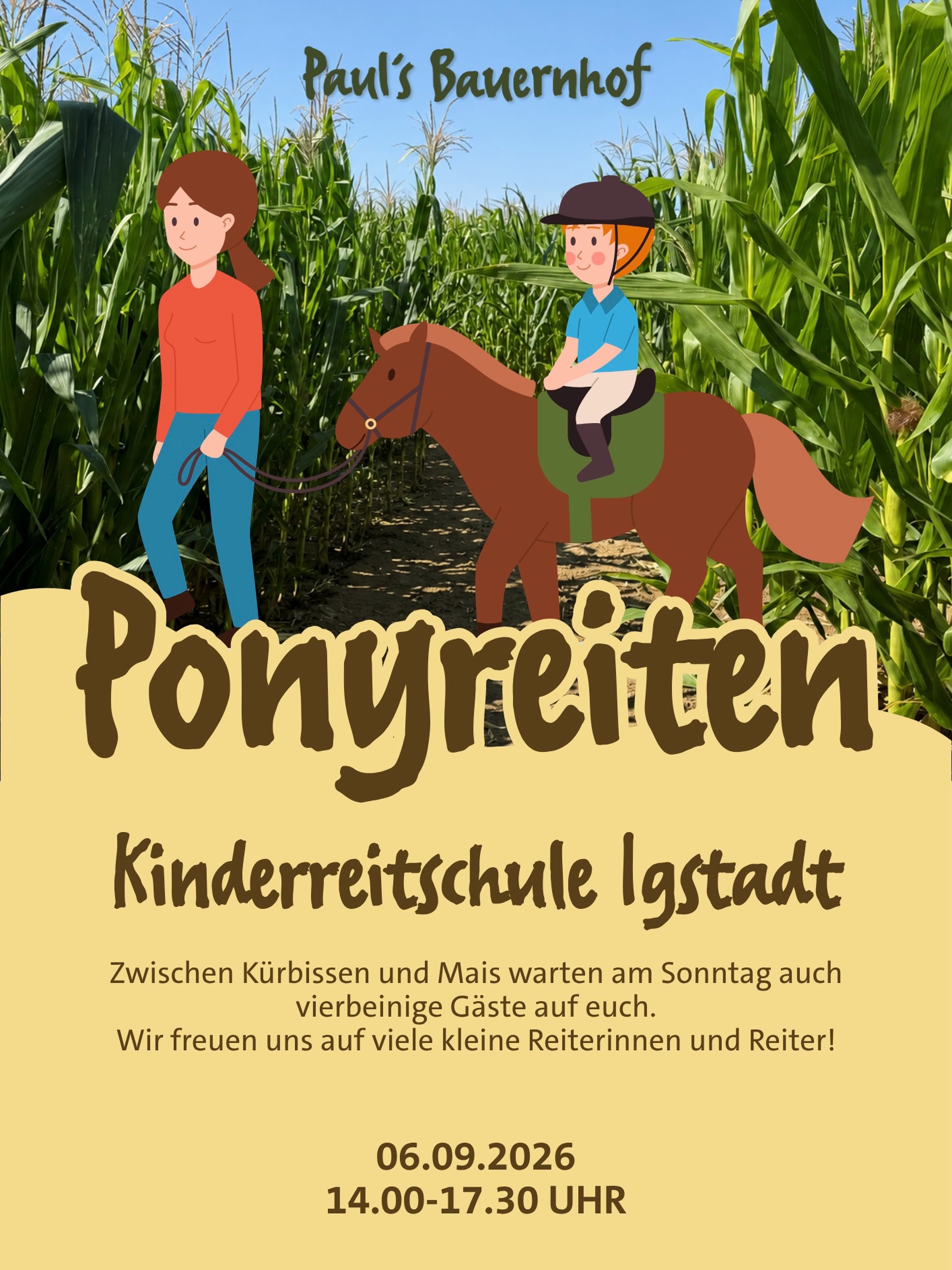 Ponyreiten bei unserem Kürbisfest! 🐴

Zwischen Kürbissen und Mais warten am Sonntag auch vierbeinige Gäste auf euch! Die Kinderreitschule Igstadt ist von 14:00 bis 17:30 Uhr bei uns und lädt zum Ponyreiten ein 🤎

📅 Sonntag, 06.09.2026 ⏰ Ponyreiten: 14:00–17:30 Uhr 📍 an der Landstraße zwischen Hofheim-Wallau und Wiesbaden-Nordenstadt

Und auch sonst ist bei unserem Kürbisfest einiges los: Freut euch auf einen bunten Familiennachmittag mit Torwandschießen mit dem TV Wallau ⚽️🎃 und vielen weiteren Kürbiserlebnissen auf unserem Hof.

Zum Abschluss laden wir euch um 18:00 Uhr zur Abendandacht ein✨

Kommt vorbei, wir freuen uns auf euch! 

#ponyreiten #pony #familienausflug