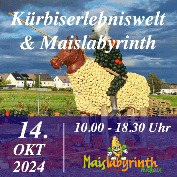 Kürbiserlebniswelt & Maislabyrinth<br>am 14.10.2024<br>10:00 - 18:30 Uhr