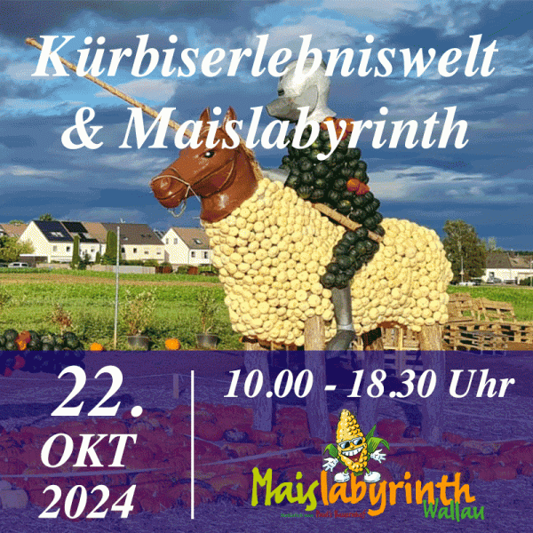 Kürbiserlebniswelt & Maislabyrinth<br>am 22.10.2024<br>10:00 - 18:30 Uhr