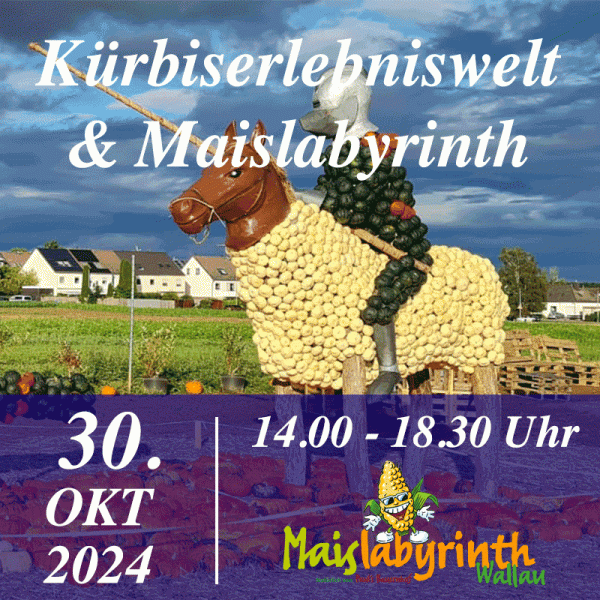Kürbiserlebniswelt & Maislabyrinth<br>am 30.10.2024<br>14:00 - 18:30 Uhr