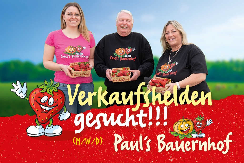 Sonne, Sommer & Erdbeeren – dein Job für die Saison! 🍓

Du arbeitest gerne draußen, hast Spaß am Umgang mit Menschen und suchst einen Job in einem herzlichen Team? Dann könnte das genau das Richtige für dich sein!

Für die Erdbeersaison 2026 suchen wir motivierte Verkäufer:innen (m/w/d) für unsere Verkaufsstände in der Region.

Ob Student:in, Schüler:in, Rentner:in oder auf Jobsuche – bei uns ist jede und jeder willkommen, der Lust hat, Teil unseres Teams zu werden und unsere Kund:innen mit frischen Erdbeeren glücklich zu machen. ❤️🍓

Klingt nach deinem Sommerjob? ☀️ Dann freuen wir uns auf deine Bewerbung!

👉🏻 Jetzt bewerben: https://www.pauls-bauernhof.de/jobs-verkaeufer/

#erdbeeren #verkäufer #stellenausschreibung #hessen #job
