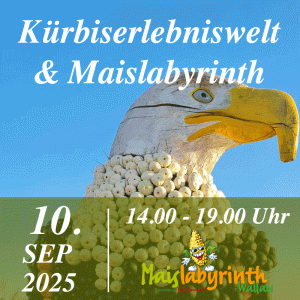 Kürbiserlebniswelt & Maislabyrinth<br>am 10.09.2025<br>14:00 - 19:00 Uhr