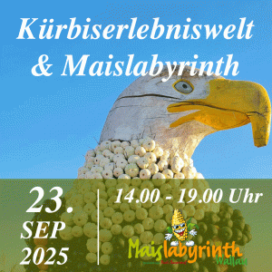 Kürbiserlebniswelt & Maislabyrinth<br>am 23.09.2025<br>14:00 - 18:30 Uhr