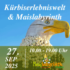 Kürbiserlebniswelt & Maislabyrinth<br>am 27.09.2025<br>10:00 - 19:00 Uhr