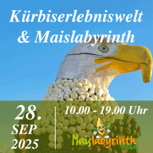 Kürbiserlebniswelt & Maislabyrinth<br>am 28.09.2025<br>10:00 - 19:00 Uhr