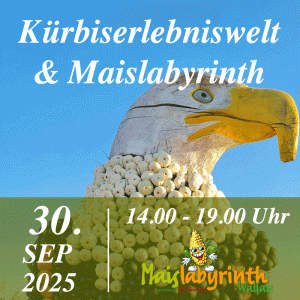 Kürbiserlebniswelt & Maislabyrinth<br>am 30.09.2025<br>14:00 - 19:00 Uhr