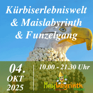 Kürbiserlebniswelt & Maislabyrinth & Funzelgang<br>am 04.10.2025<br>10:00 - 21:30 Uhr
