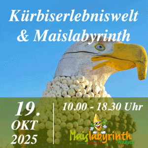 Kürbiserlebniswelt & Maislabyrinth<br>am 19.10.2025<br>10:00 - 18:30 Uhr