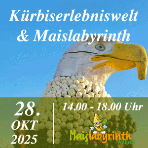 Kürbiserlebniswelt & Maislabyrinth<br>am 28.10.2025<br>14:00 - 18:00 Uhr