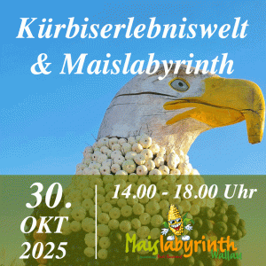 Kürbiserlebniswelt & Maislabyrinth<br>am 30.10.2025<br>14:00 - 18:00 Uhr