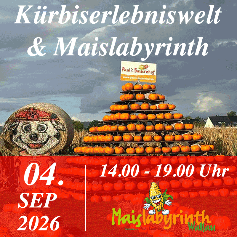 Kürbiserlebniswelt & Maislabyrinth am 04.09.2026<br>14:00 – 19:00 Uhr